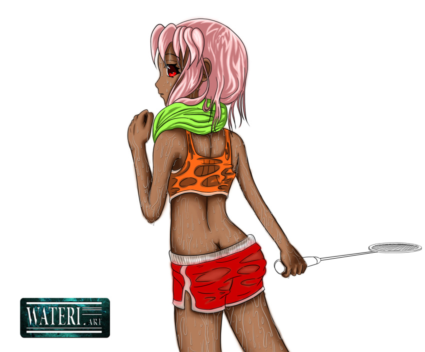 1girl back dark_skin green_towel looking_at_viewer looking_back monochrome original pink_hair red_eyes short_shorts simple_background solo sports_bra sportswear sweat sweating_profusely tennis_racket towel towel_around_neck wet wet_clothes white_background