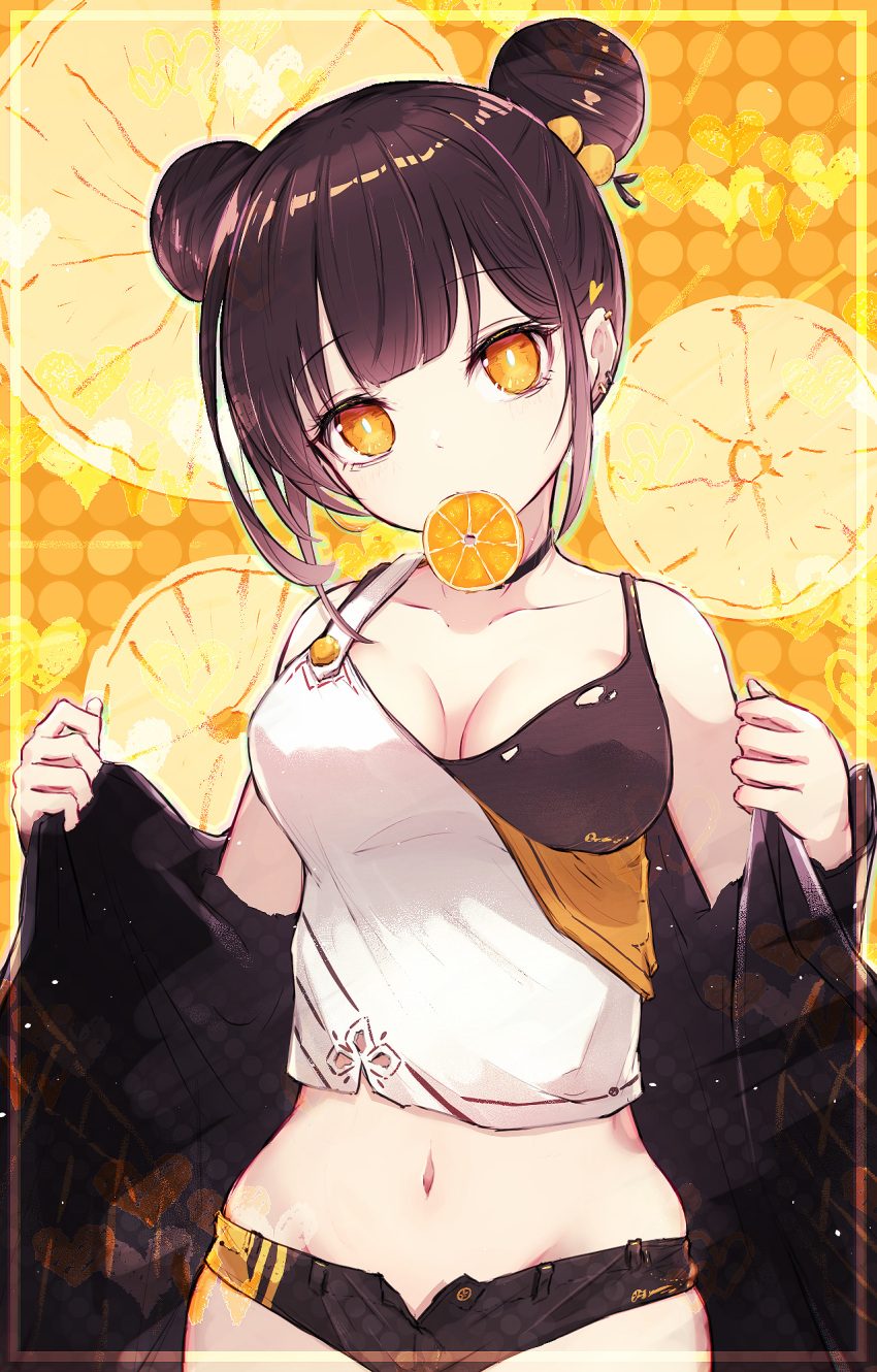 1girl asymmetrical_clothes bangs bare_shoulders black_hair black_shorts blunt_bangs border breasts choker collarbone double_bun earrings eyelashes food food-themed_background food-themed_clothes food-themed_hair_ornament fruit hair_ornament hands_up head_tilt heart highres jewelry looking_at_viewer mandarin_orange midriff mouth_hold multiple_earrings navel off_shoulder open_fly orange_(fruit) orange_background orange_eyes orange_hair_ornament orange_slice original pinching_sleeves reizouko short_shorts shorts sidelocks tank_top upper_body w_arms