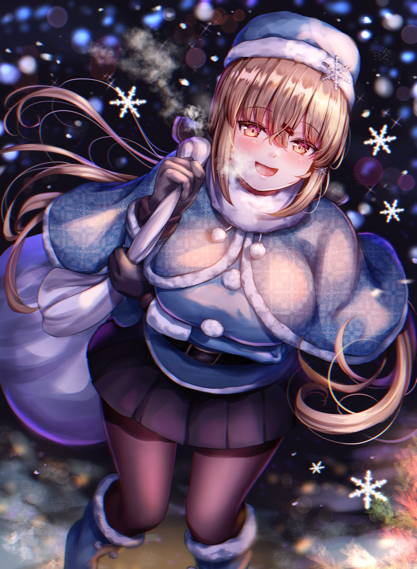 1girl belt belt_buckle black_belt black_legwear black_skirt blue_headwear blue_santa_costume blush brown_eyes brown_hair buckle christmas eyebrows_visible_through_hair hair_between_eyes hair_ornament hairclip hat highres holding holding_sack kantai_collection long_hair long_sleeves low_twintails open_mouth pantyhose pleated_skirt pom_pom_(clothes) sabakuomoto sack santa_costume skirt smile snowflakes solo tashkent_(kancolle) twintails