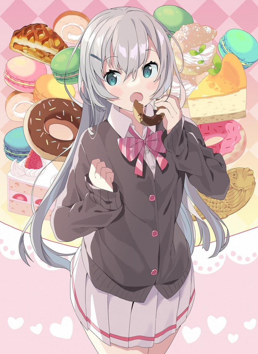 1girl apple_pie argyle argyle_background bangs black_cardigan blush cake cake_slice cardigan collared_shirt commentary cream_puff diagonal-striped_bow doughnut dress_shirt eyebrows_visible_through_hair fang food fruit green_eyes grey_hair hair_between_eyes hair_ornament hairclip highres holding holding_food long_hair long_sleeves looking_at_viewer macaron open_mouth original pie_slice pink_background pleated_skirt school_uniform shirt skirt sleeves_past_wrists solo strawberry symbol-only_commentary taiyaki tantan_men_(dragon) very_long_hair wagashi white_shirt white_skirt