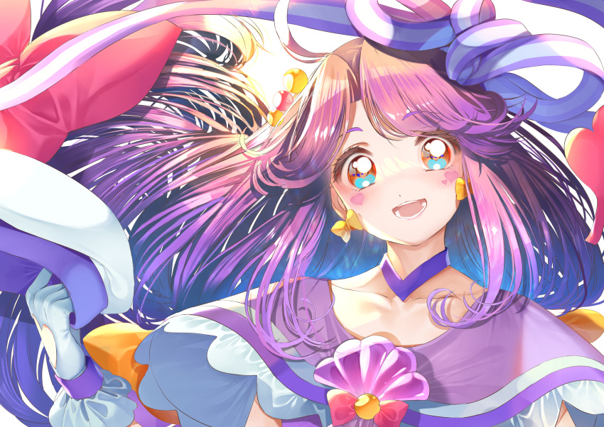1girl :d absurdres ahoge blue_eyes bow capelet choker collarbone cure_coral earrings facial_mark gloves hair_intakes heart highres holding jewelry long_hair looking_at_viewer precure purple_capelet purple_choker purple_hair shiny shiny_hair smile solo tropical-rouge!_precure very_long_hair white_gloves yellow_bow yuutarou_(fukiiincho)