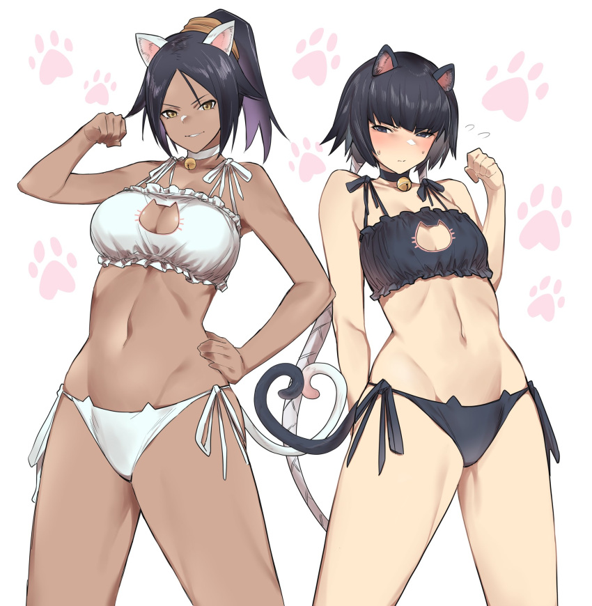 2girls animal_ears animal_print arm_behind_back arm_up bangs bell black_bra black_hair black_panties bleach blue_eyes blunt_bangs bra braid breasts brown_eyes cat_cutout cat_ears cat_lingerie cat_panties cat_print cat_tail choker clothing_cutout dark_skin embarrassed hair_tie hand_on_hip highres jingle_bell kuma_(jk0073) large_breasts long_hair looking_at_viewer meme_attire multiple_girls navel neck_bell panties parted_bangs paw_pose paw_print ponytail print_panties shihouin_yoruichi side-tie_panties small_breasts smile standing sui-feng tail thighs twin_braids twintails underwear white_background white_bra white_panties