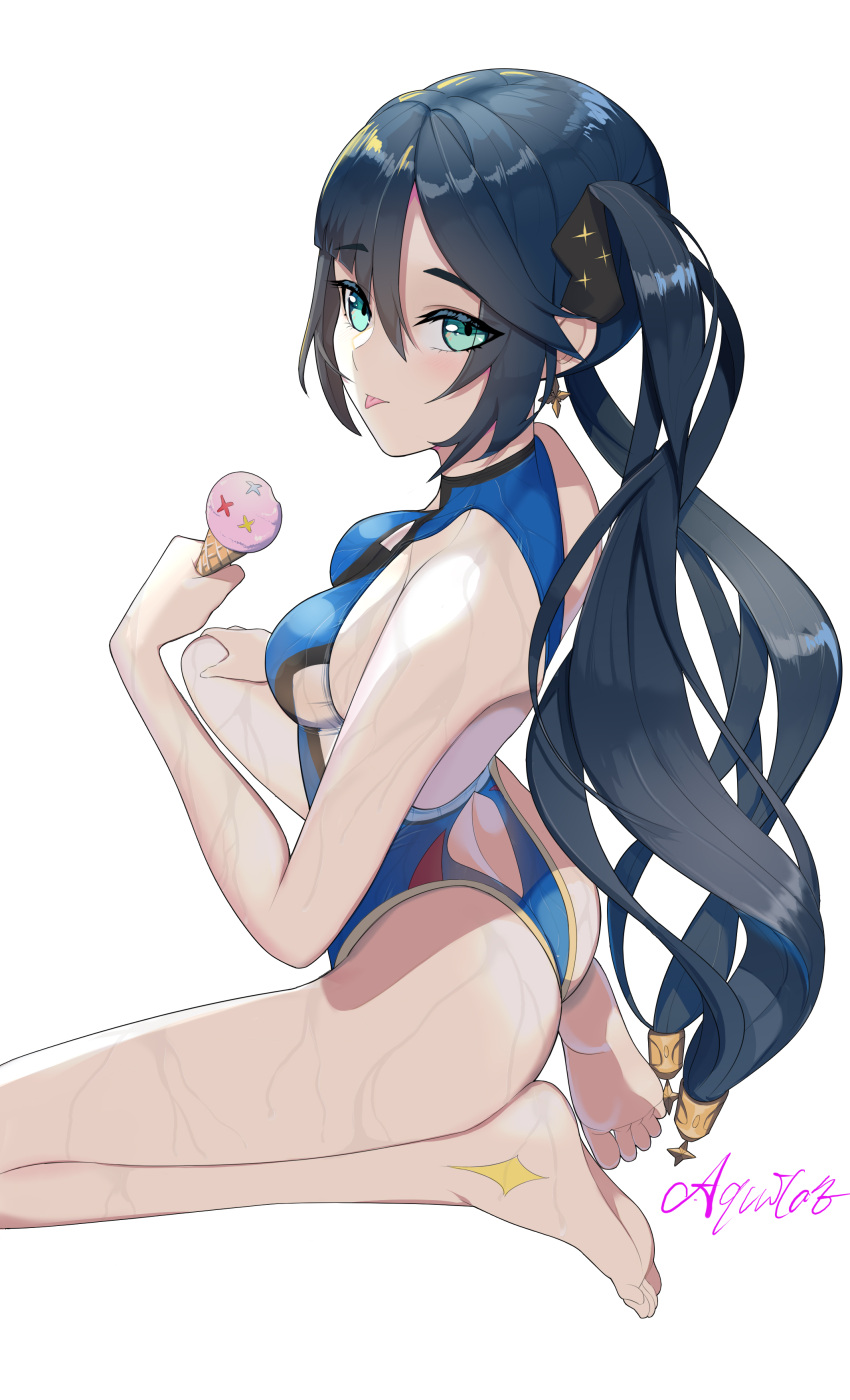 1girl absurdres alternate_costume aquilar ass black_hair blue_swimsuit casual_one-piece_swimsuit chinese_commentary commentary_request food genshin_impact green_eyes highres ice_cream long_hair looking_at_viewer mona_(genshin_impact) one-piece_swimsuit simple_background sitting solo swimsuit tongue tongue_out twintails wariza white_background