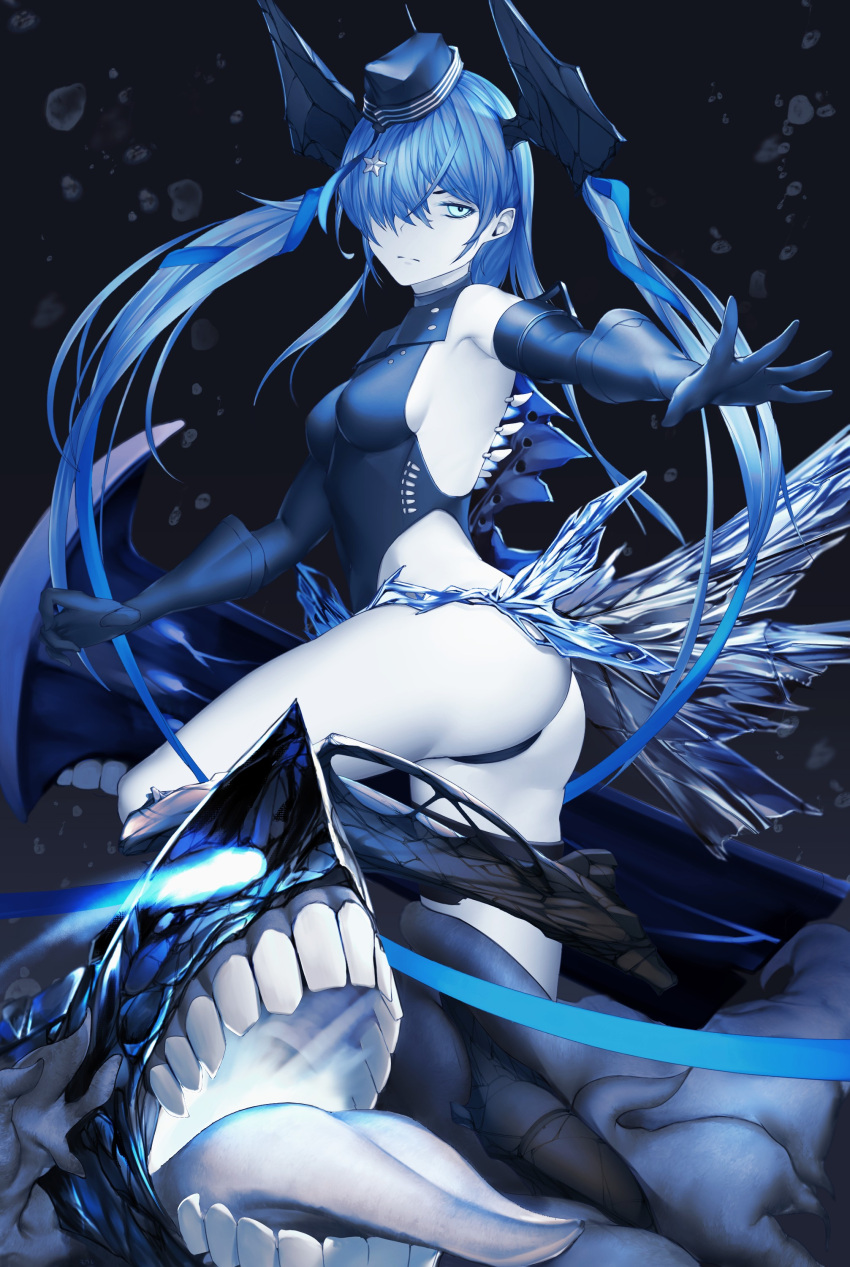 1girl absurdres abyssal_ship ass black_gloves black_swimsuit blue_eyes blue_hair breasts competition_swimsuit elbow_gloves garrison_cap gloves hat highleg highleg_swimsuit highres kantai_collection long_hair mokuren_(mozukukirai88) one-piece_swimsuit side_ponytail small_breasts solo submarine_shark_water_oni swimsuit