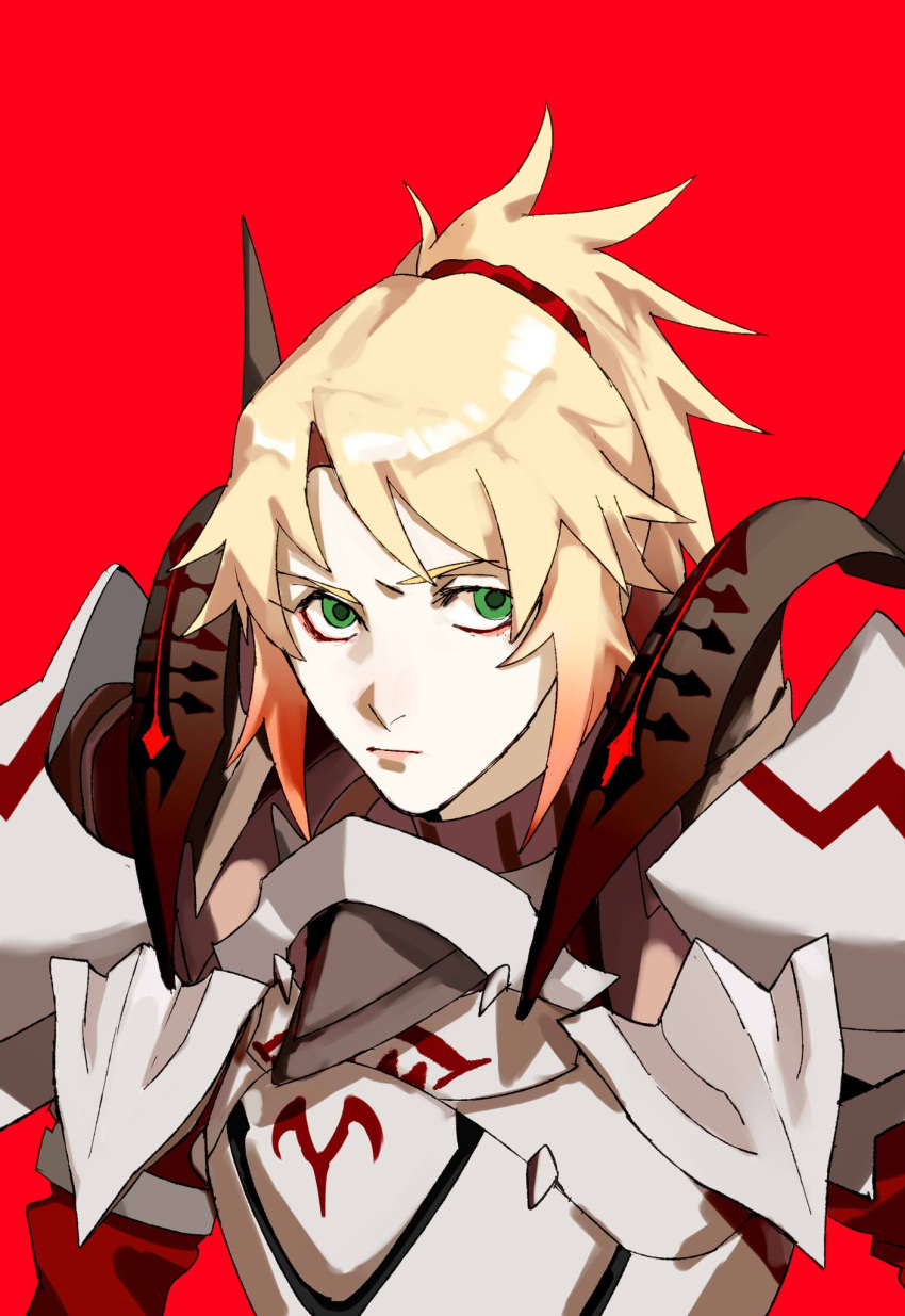1girl armor blonde_hair chinese_commentary fate/grand_order fate_(series) frown green_eyes hair_ornament hair_scrunchie highres mordred_(fate) mordred_(fate/apocrypha) multicolored_hair orange_hair pale_skin ponytail red_scrunchie scrunchie solo two-tone_hair whaaa000