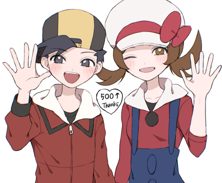 1boy 1girl :d backwards_hat baseball_cap black_headwear black_shirt blue_overalls blush bow brown_eyes brown_hair cabbie_hat commentary_request ethan_(pokemon) grey_eyes hand_up hat hat_bow highres jacket long_hair lyra_(pokemon) milestone_celebration open_mouth overalls pokemon pokemon_(game) pokemon_hgss red_bow red_jacket red_shirt shirt short_hair smile spread_fingers teeth thank_you tongue twintails umekobushi upper_teeth white_headwear zipper_pull_tab