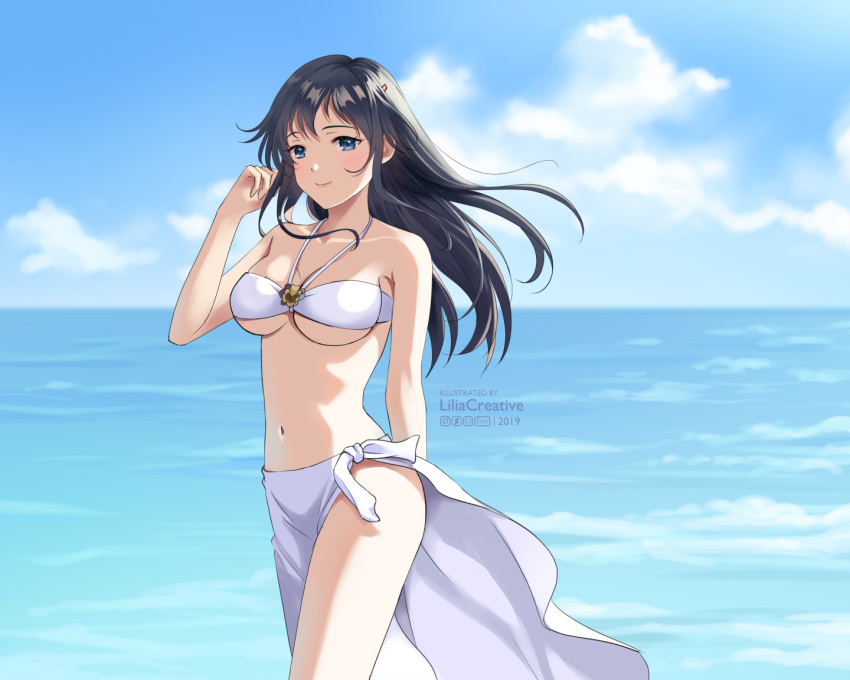 1girl arm_behind_back artist_name bikini blue_sky breasts closed_mouth clouds collarbone commentary_request dated day english_commentary halter_top halterneck hand_up horizon lilia_creative long_hair looking_at_viewer medium_breasts mixed-language_commentary navel ocean ore_wo_suki_nano_wa_omae_dake_ka_yo outdoors sanshokuin_sumireko sarong sky smile solo standing stomach swimsuit under_boob water white_bikini wind
