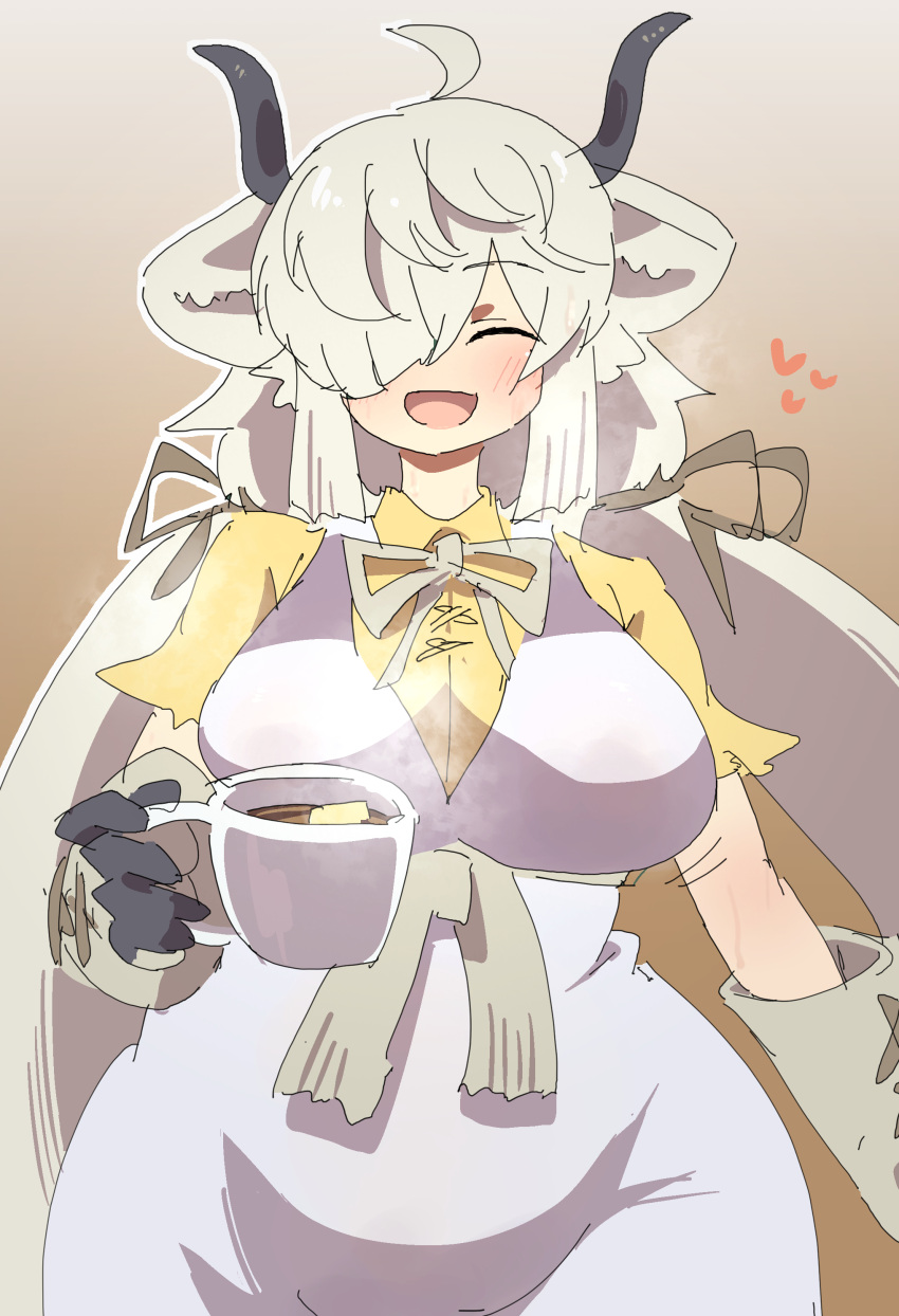 1girl ^_^ absurdres animal_ears blush bouncing_breasts breasts brown_ribbon butter closed_eyes cup dress extra_ears food gloves hair_between_eyes hair_over_one_eye heart highres holding holding_cup horns kemono_friends kemono_friends_3 long_hair multicolored_horns neck_ribbon nishuu_miri ox_ears ox_girl ox_horns ribbon shirt simple_background smile solo tea twintails underbust very_long_hair white_dress white_hair yak_(kemono_friends) yellow_shirt