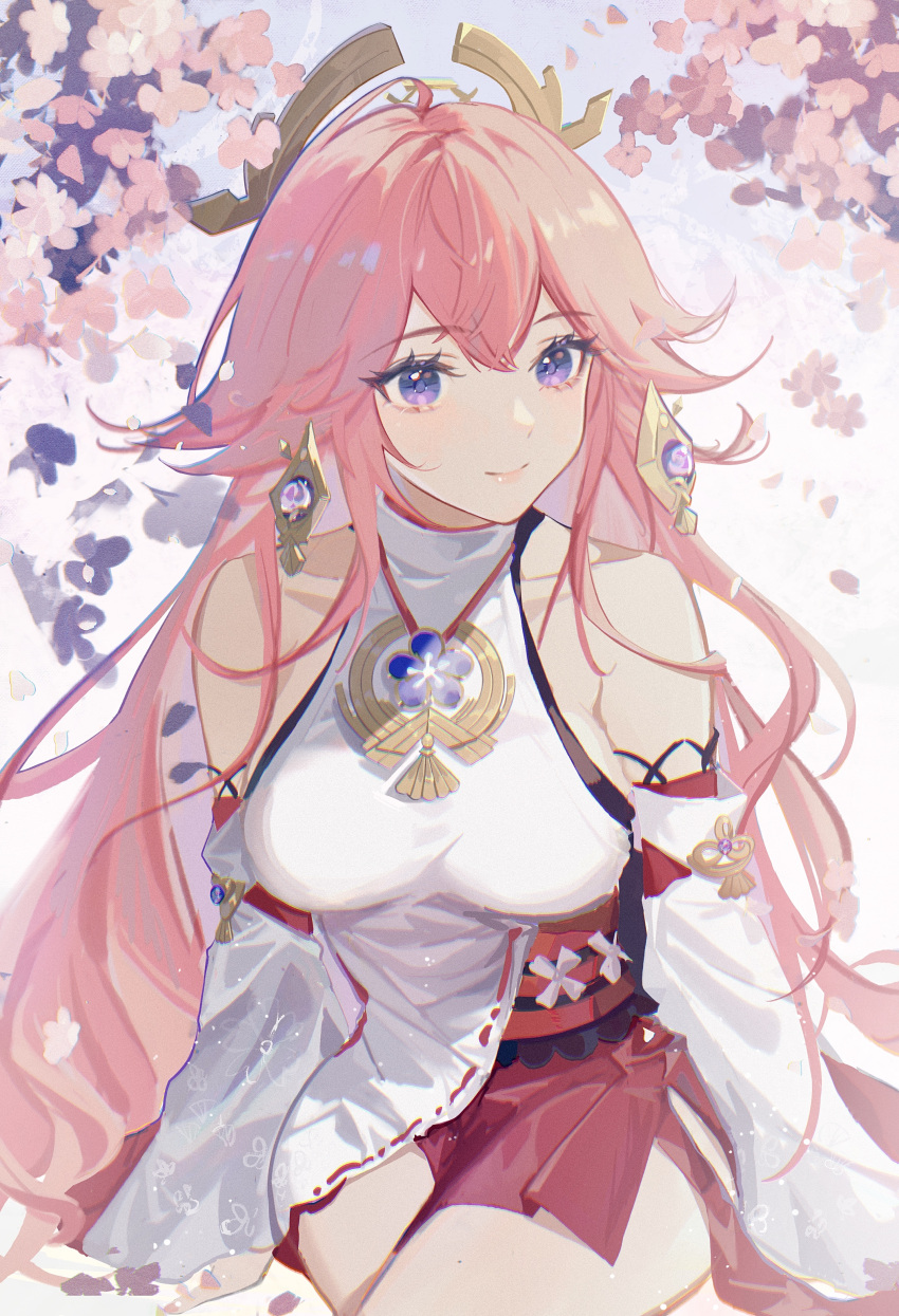1girl absurdres bare_shoulders breasts commentary detached_sleeves eyelashes genshin_impact hair_between_eyes hair_ornament highres japanese_clothes long_hair long_sleeves looking_to_the_side medium_breasts miko petals pink_hair smile solo very_long_hair violet_eyes yae_(genshin_impact) yutou75