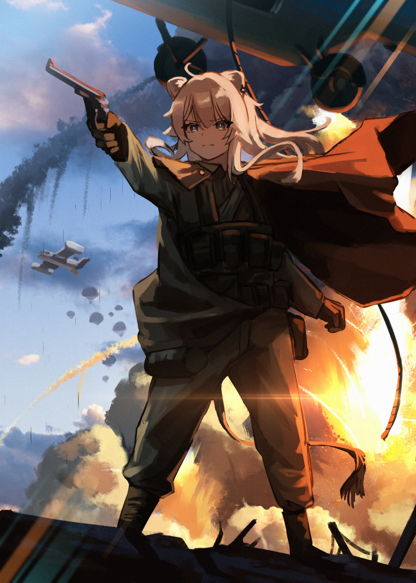 1girl absurdres aircraft animal_ears blue_sky brown_gloves cape closed_mouth commentary ear_piercing explosion frown gloves green_jacket green_pants grey_eyes gun highres holding holding_gun holding_weapon hololive jacket jl_tan lion_ears lion_tail long_hair military military_uniform pants piercing red_cape revolver shishiro_botan sky smoke solo standing tail uniform virtual_youtuber weapon white_hair