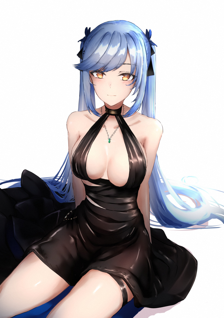 1girl absurdres azur_lane bangs bare_arms bare_shoulders black_dress blue_hair closed_mouth dress essex_(azur_lane) eyebrows_visible_through_hair hair_ornament highres isaki_note jewelry long_hair looking_at_viewer necklace sitting solo thigh_strap thighs twintails yellow_eyes