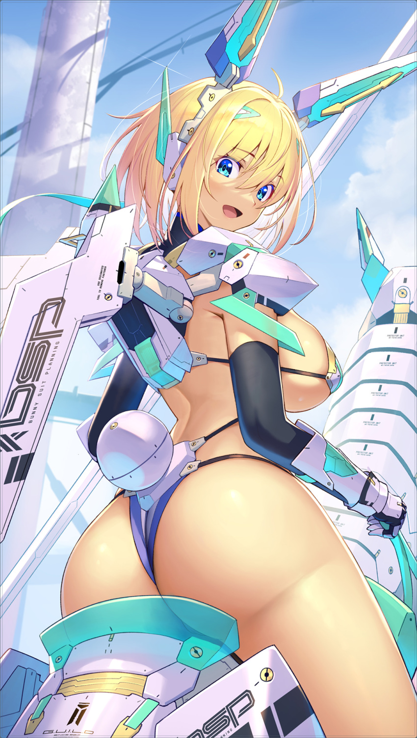 1girl ahoge armor ass bangs blonde_hair blue_eyes blue_sky breasts clouds cloudy_sky day elbow_gloves eyebrows_visible_through_hair gloves headgear highres horseback_riding large_breasts looking_at_viewer looking_back mechanical_ears open_mouth original outdoors riding shiny shiny_hair shiny_skin short_hair sideboob simple_background sky smile sophia_f_shirring takamine_nadare thighs
