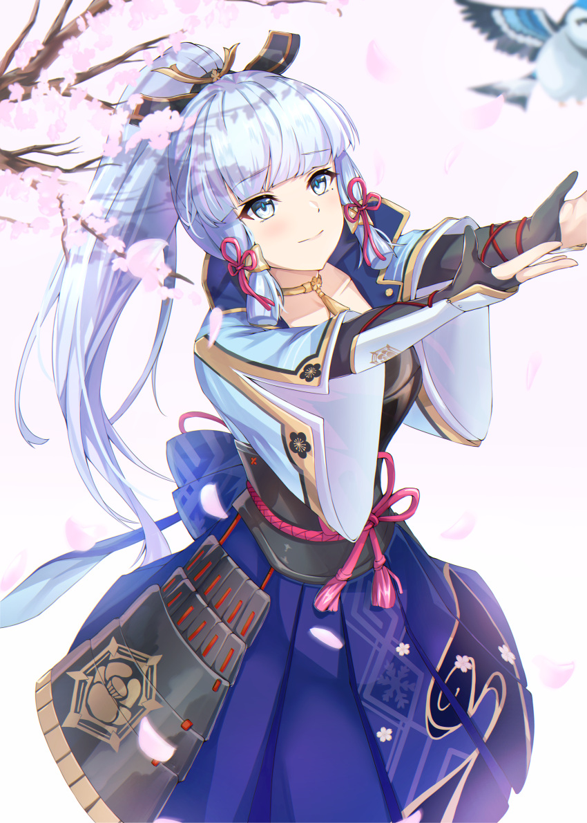 1girl absurdres armor armored_dress arms_up bangs bird blue_eyes blunt_bangs branch breastplate bridal_gauntlets cherry_blossoms choker closed_mouth faulds genshin_impact hair_ornament hair_ribbon hakama hakama_skirt highres japanese_clothes kamisato_ayaka light_blue_hair looking_up mole mole_under_eye open_hands outstretched_arms ribbon rope_belt skirt solo tassel tress_ribbon vambraces wide_sleeves yahan_(mctr5253)