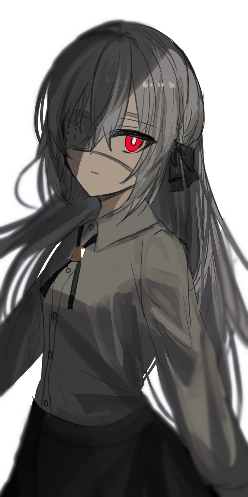 1girl absurdres bangs black_bow black_skirt bow breasts chihuri closed_mouth collared_shirt commentary_request dress_shirt eve_(chihuri) eyebrows_visible_through_hair eyepatch grey_hair grey_shirt hair_between_eyes hair_bow highres long_hair looking_at_viewer medical_eyepatch original red_eyes shirt simple_background skirt small_breasts solo very_long_hair white_background