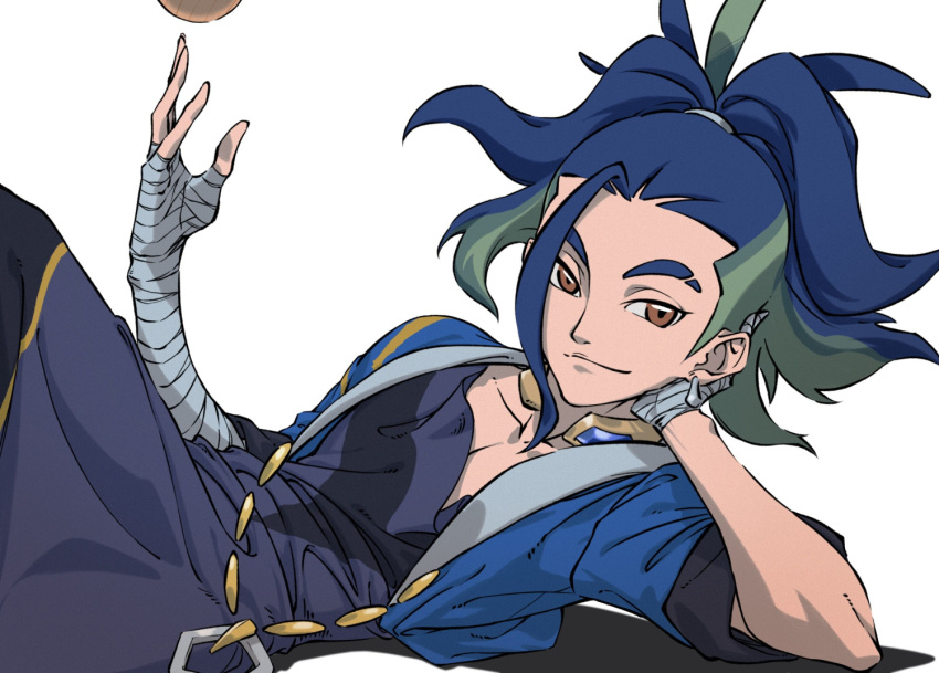 1boy adaman_(pokemon) arm_wrap bangs blue_hair blue_jacket brown_eyes closed_mouth collar collarbone commentary_request cropped_jacket green_hair hair_tie hand_wraps head_rest jacket kageuchi looking_at_viewer male_focus open_clothes open_jacket poke_ball poke_ball_(legends) pokemon pokemon_(game) pokemon_legends:_arceus simple_background smile solo tied_hair white_background
