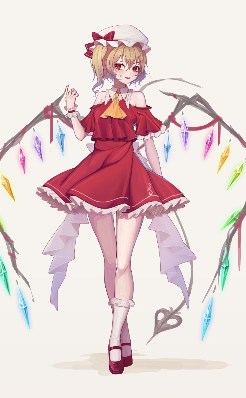 1girl absurdres ascot asymmetrical_hair blonde_hair blood blood_on_face bloomers commentary_request cross crystal flandre_scarlet full_body hat hat_ribbon highres laevatein_(touhou) looking_at_viewer mary_janes mob_cap moon night pointy_ears puffy_sleeves red_eyes ribbon shirt shoes short_sleeves side_ponytail simple_background skirt skirt_set smile socks solo tgdzl tongue tongue_out touhou underwear vest white_background white_legwear wings wrist_cuffs