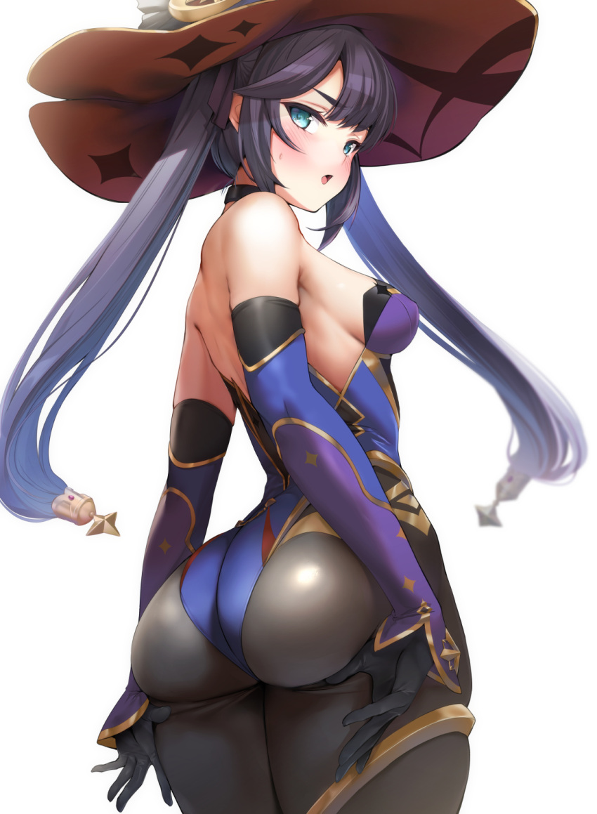 1girl ass ass_grab ass_support back bare_shoulders black_gloves black_hair blue_headwear blue_leotard blush bodystocking breasts brown_legwear choker commentary_request detached_sleeves elbow_gloves genshin_impact gloves gold_trim green_eyes hat hat_ornament highleg highleg_leotard highres ipuu_(el-ane_koubou) leotard long_hair looking_at_viewer looking_back medium_breasts mona_(genshin_impact) open_mouth pantyhose revision simple_background solo sweatdrop thighlet thighs twintails white_background witch_hat