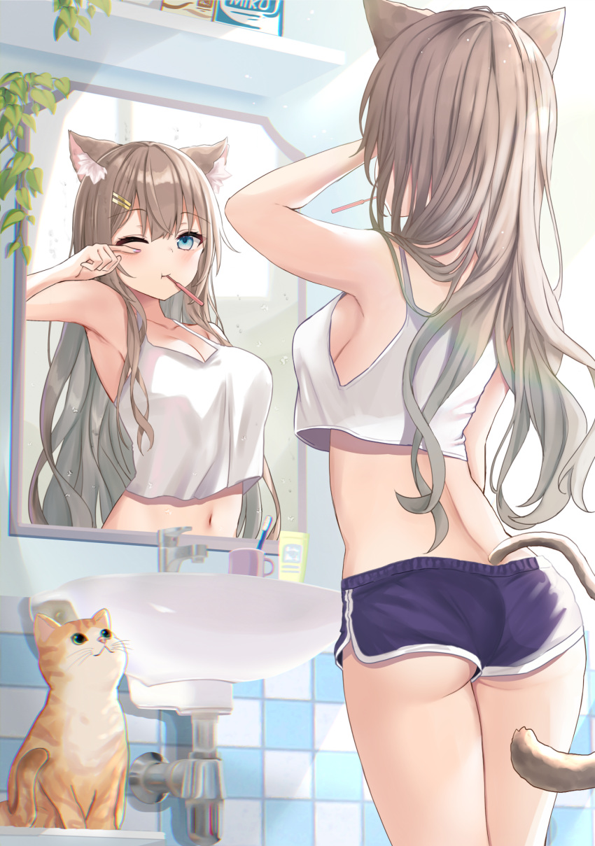 1girl akino_ell animal animal_ears arm_up armpits ass back bare_arms bare_shoulders blue_eyes blue_shorts breasts brown_hair camisole cat cat_ears cat_girl cat_tail crop_top crop_top_overhang dolphin_shorts from_behind hair_ornament hairclip highres long_hair medium_breasts micro_shorts midriff mouth_hold navel one_eye_closed original reflection revision shirt short_shorts shorts sideboob sleeveless sleeveless_shirt solo standing tail thighs toothbrush toothbrush_in_mouth white_shirt