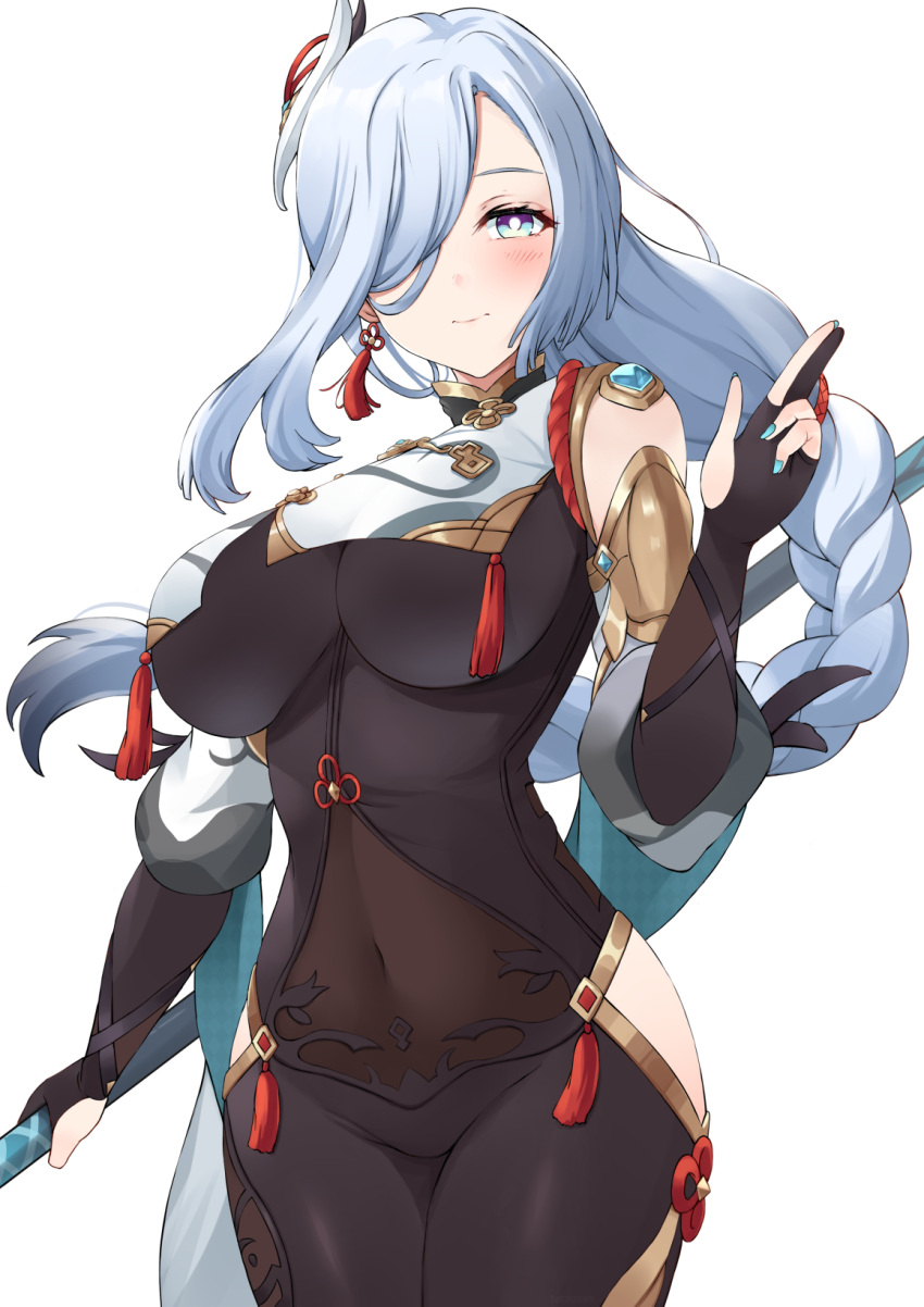 1girl bangs black_gloves blue_eyes blush bodysuit braid braided_ponytail breasts clothing_cutout covered_navel elbow_gloves genshin_impact gloves haido_(ryuuno_kanzume) hair_ornament hair_over_one_eye highres hip_vent large_breasts long_hair long_sleeves looking_at_viewer partially_fingerless_gloves puffy_long_sleeves puffy_sleeves shenhe_(genshin_impact) shoulder_cutout silver_hair smile solo tabard tassel thighs very_long_hair