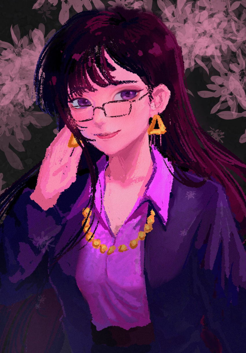 1girl bangs black_hair blunt_bangs business_suit earrings formal glasses highres jewelry long_hair necklace older smile solo south_park south_park:_post_covid spoilers suit wendy_testaburger