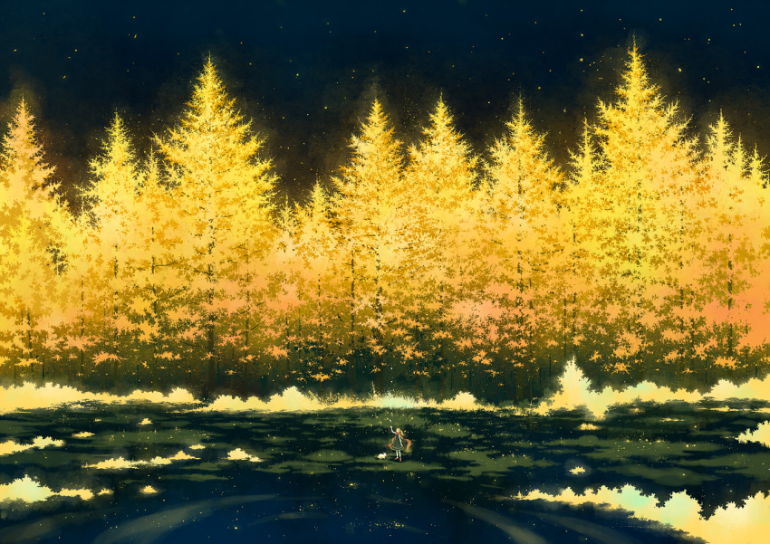 arm_up forest kazami1304 nature night night_sky outdoors ponytail scarf scenery sky standing tree