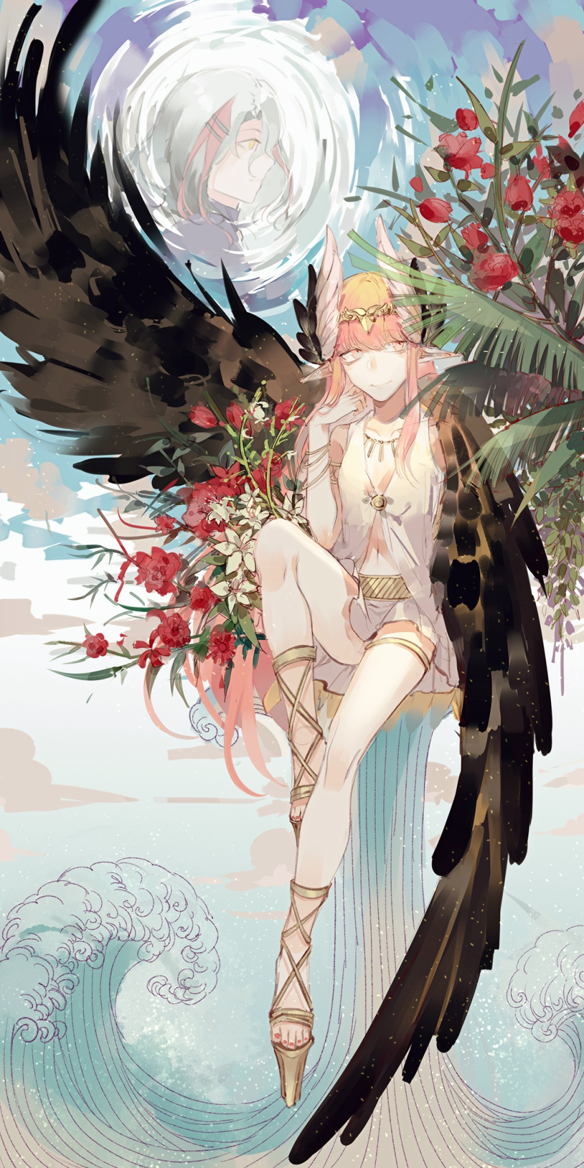 1boy 1girl armlet bangs bare_shoulders blunt_bangs bracelet brown_wings circe_(fate) circlet closed_mouth commentary cross-laced_sandals eyebrows_visible_through_hair facing_viewer fate/grand_order fate_(series) feathered_wings flat_chest flower full_body grey_hair hand_on_own_cheek hand_on_own_face head_wings high_heels highres imagining iny_(user_7250693) jewelry long_hair looking_ahead looking_to_the_side midriff multicolored_hair nail_polish navel necklace odysseus_(fate) pink_eyes pink_hair pink_nails pointy_ears red_flower redhead shirt sidelocks skirt sleeveless solo_focus streaked_hair thighlet toenail_polish toenails very_long_hair white_shirt white_skirt winged_hair_ornament wings yellow_eyes yellow_footwear