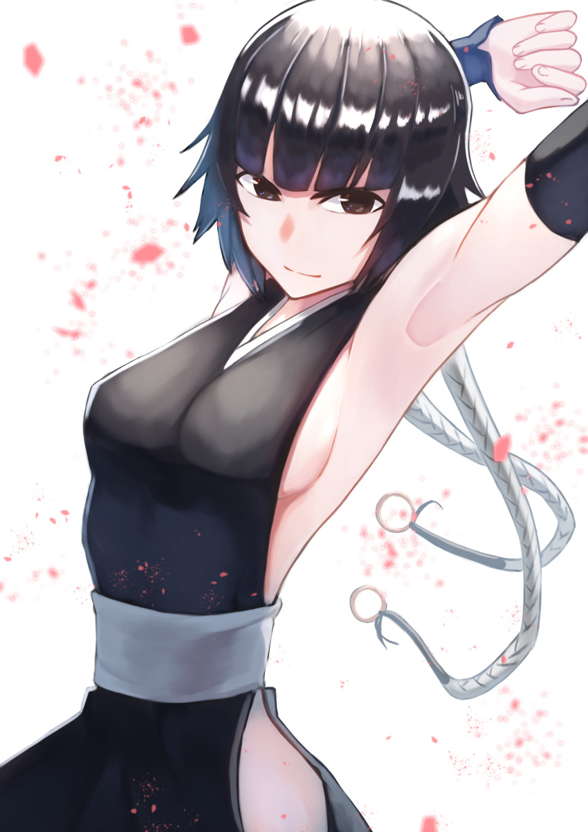 1girl absurdres armpits arms_up bangs black_dress black_eyes black_hair black_sleeves bleach blunt_bangs blurry blurry_background blurry_foreground breasts cowboy_shot detached_sleeves dress english_commentary haori hara_kenshi highres hip_vent japanese_clothes large_breasts leaning_back looking_at_viewer medium_hair mixed-language_commentary sash shiny shiny_clothes shiny_hair sideboob sidelocks sleeveless sleeveless_dress smile solo stretch sui-feng taichou_haori white_background