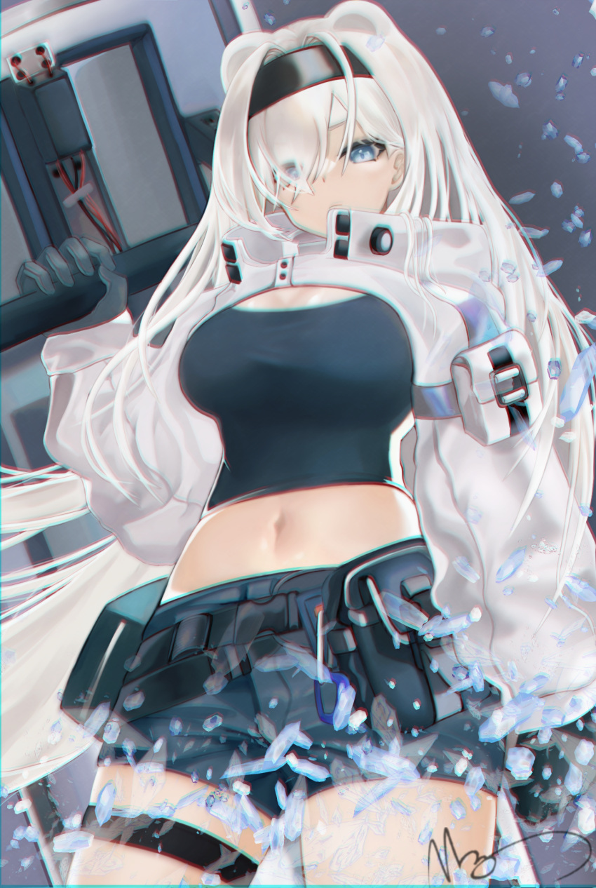 1girl animal_ears arknights aurora_(arknights) bangs bear_ears belt black_hairband black_shirt black_shorts blue_eyes breasts commentary cowboy_shot crop_top hair_over_one_eye hairband highres holding large_breasts long_sleeves looking_at_viewer midriff muang_(muang_vrc) navel pouch shirt short_shorts shorts shrug_(clothing) silver_hair solo standing stomach thigh_strap thighs