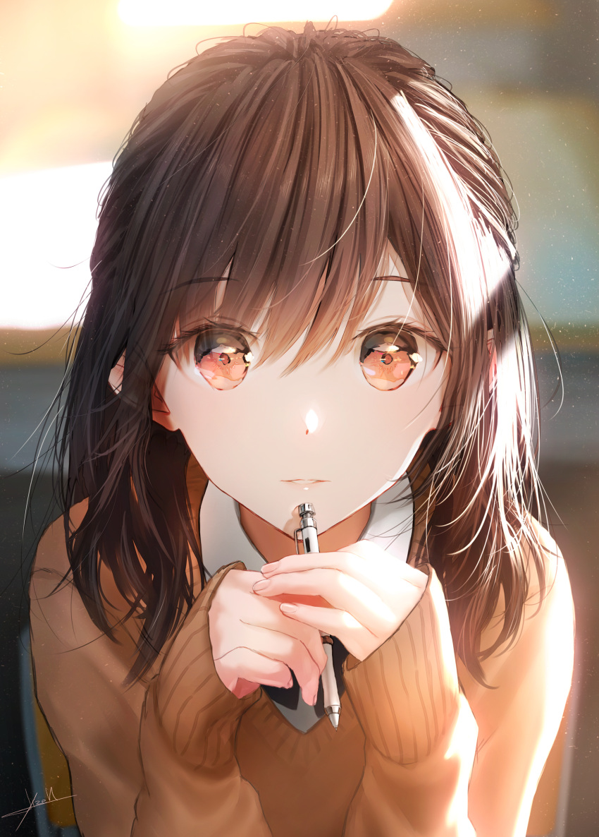 1girl :d bangs black_hair brown_eyes elbows_on_table eyebrows_visible_through_hair highres holding holding_pencil long_hair looking_at_viewer mechanical_pencil ojay_tkym open_mouth original paper pencil sitting smile sunlight sweater symbol-only_commentary table