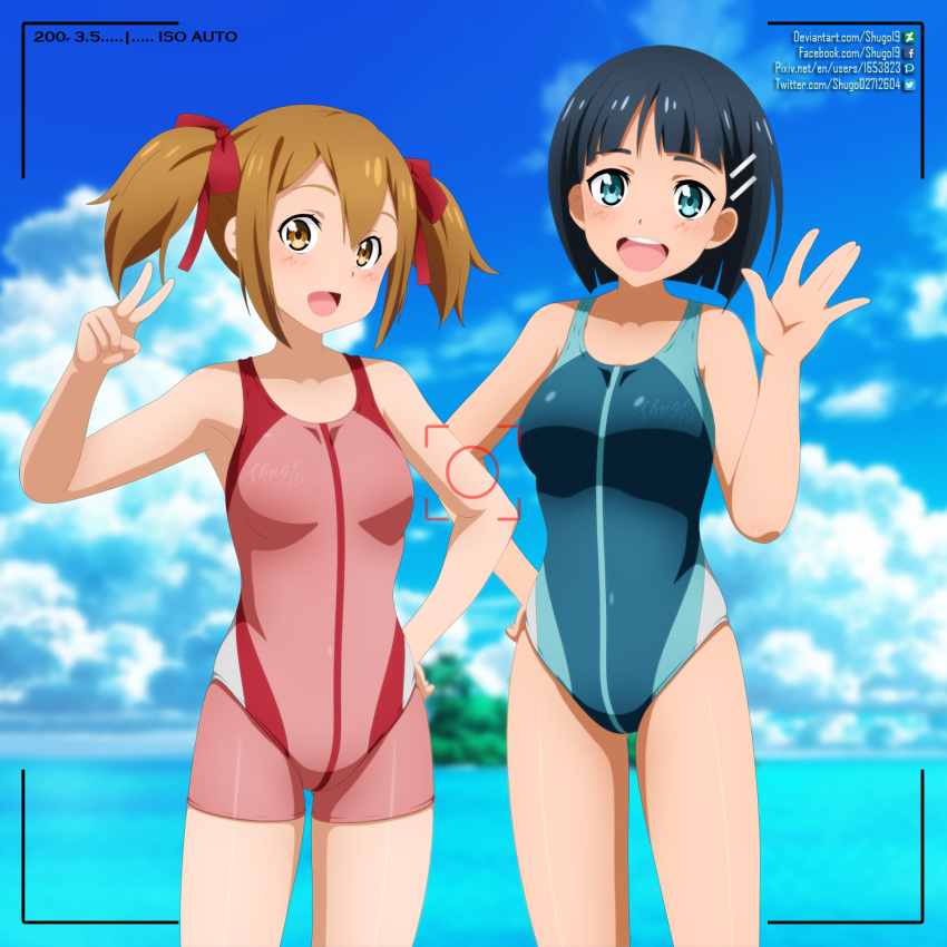 2girls aqua_eyes black_eyes blue_sky blue_swimsuit blurry blurry_background bob_cut bodysuit breasts brown_hair clouds competition_swimsuit day hair_ornament hair_ribbon hairclip highres kirigaya_suguha looking_at_viewer medium_breasts multicolored_clothes multiple_girls one-piece_swimsuit open_mouth outdoors red_eyes red_wetsuit ribbon round_teeth short_hair shugo19 silica sky smile swimsuit sword_art_online teeth twintails upper_teeth v viewfinder waving wetsuit