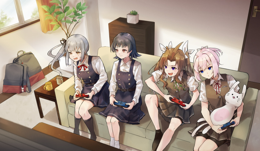 4girls arare_(kancolle) backpack bag belt belt_buckle black_belt black_dress black_hair black_legwear black_ribbon blue_eyes blush brown_eyes brown_hair buckle buttons closed_mouth collared_shirt cup door dress eyebrows_visible_through_hair green_ribbon grey_hair grey_skirt grey_vest hair_between_eyes hair_ribbon handheld_game_console holding holding_handheld_game_console kagerou_(kancolle) kantai_collection kasumi_(kancolle) kneehighs long_hair long_sleeves multiple_girls neck_ribbon nintendo_switch open_mouth pinafore_dress pink_hair playing_games pleated_skirt ponytail red_ribbon remodel_(kantai_collection) ribbon shiranui_(kancolle) shirt short_hair side_ponytail sitting skirt smile socks stuffed_animal stuffed_cat stuffed_toy twintails u_yuz_xx vest violet_eyes white_legwear white_ribbon white_shirt window