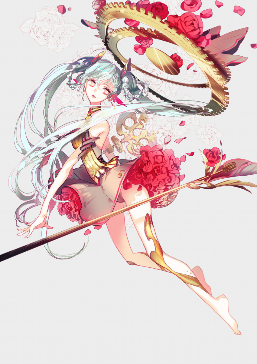 1girl aqua_hair bare_shoulders barefoot bouquet braid flower full_body hair_ornament hatsune_miku highres long_hair looking_at_viewer open_mouth pink_eyes rose sakuramochi1003 skirt solo twintails very_long_hair vocaloid