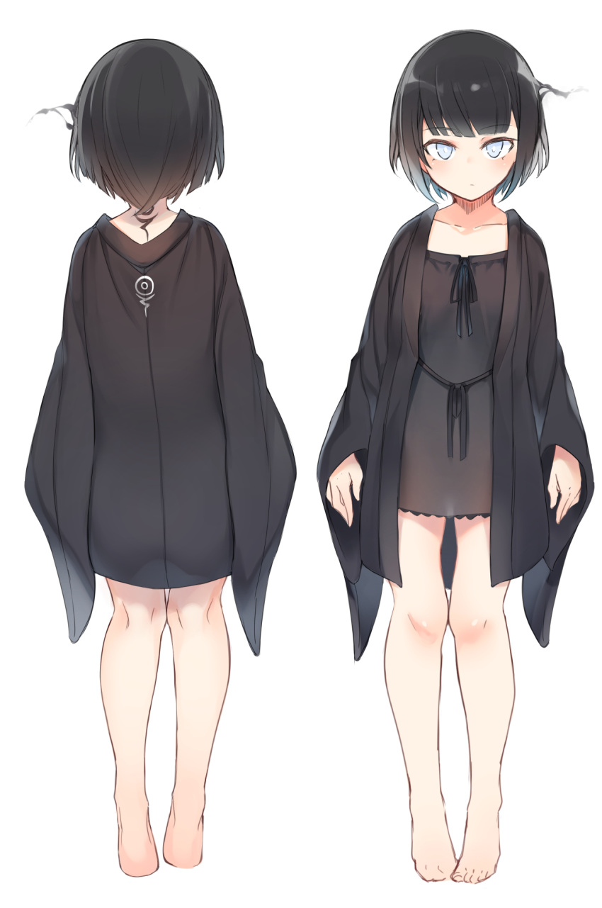 1girl barefoot black_dress black_hair blue_eyes closed_mouth collarbone dress from_behind full_body highres looking_at_viewer original otokuyou short_hair simple_background solo standing toes white_background