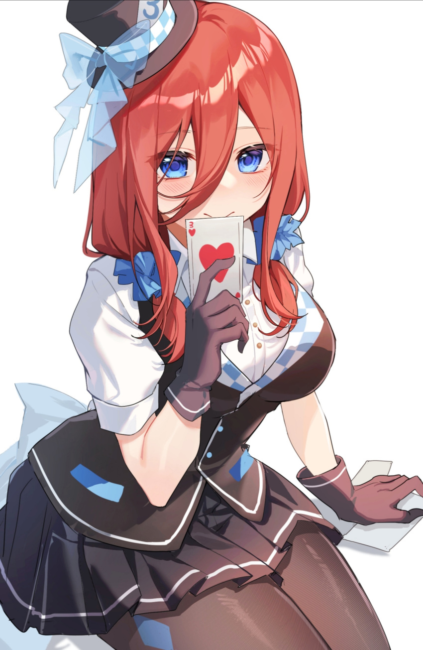 1girl black_gloves black_legwear black_skirt black_vest blue_bow blue_eyes blush bow card closed_mouth gloves go-toubun_no_hanayome hair_between_eyes hair_ornament hair_scrunchie hat hat_bow hat_ornament heart highres holding holding_card long_hair looking_at_viewer low_twintails miniskirt nakano_miku pantyhose playing_card pleated_skirt redhead scrunchie shirt short_sleeves simple_background sitting skirt smile solo top_hat twintails vest white_background white_shirt yunweishukuang