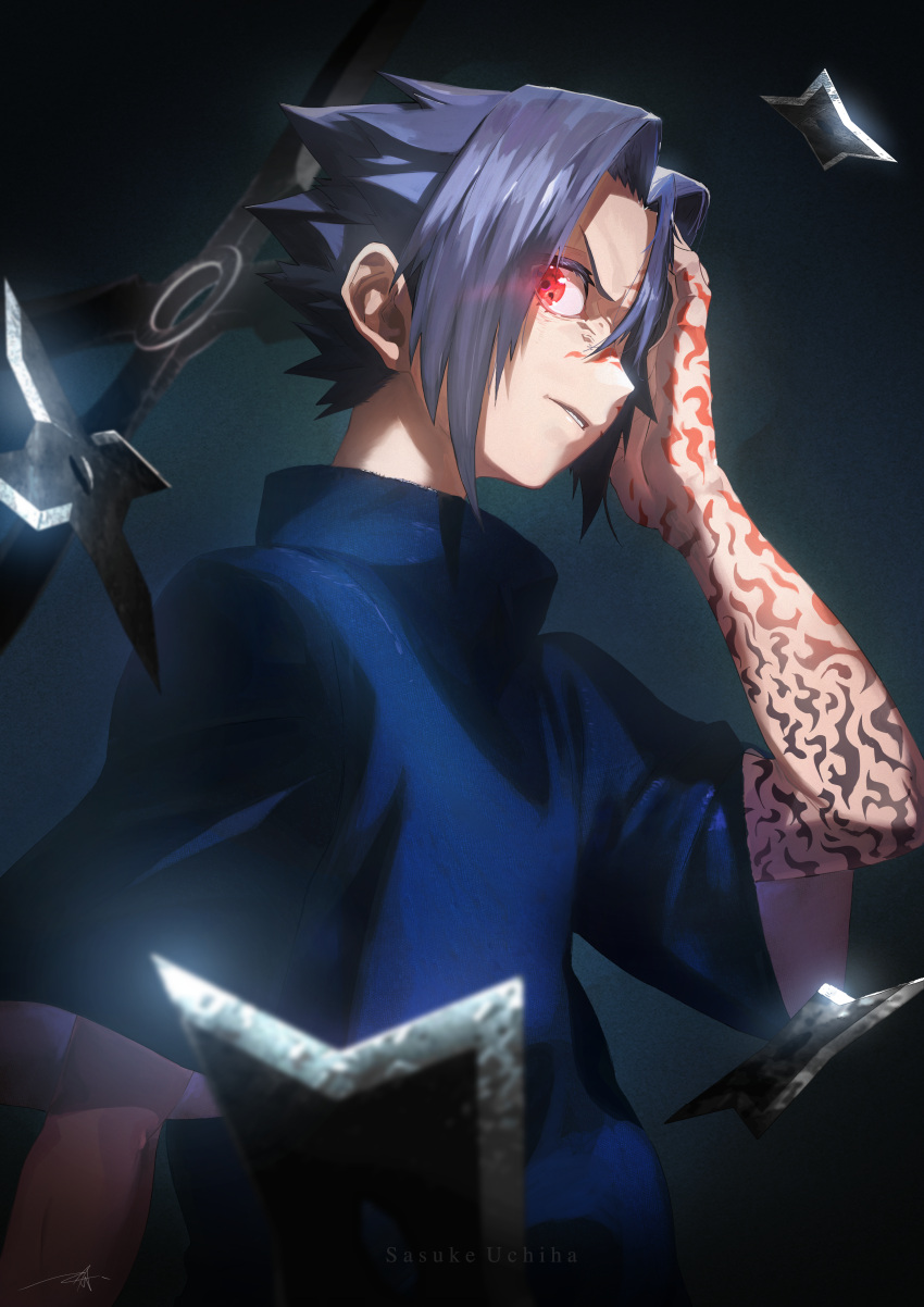 1boy absurdres blue_hair corruption covering_one_eye eyes_visible_through_hair glint glowing glowing_eye hand_on_own_face highres male_focus naruto naruto_(series) ossan_zabi_190 parted_lips red_eyes sharingan shuriken solo uchiha_sasuke weapon wide_sleeves