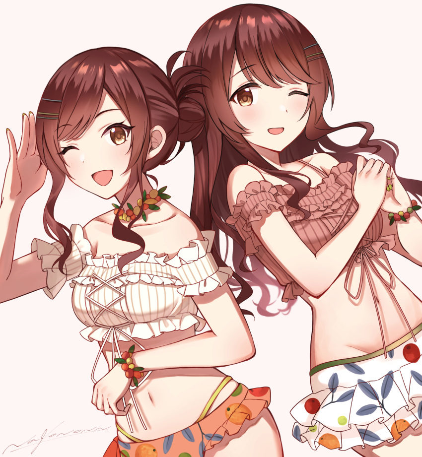 absurdres bangs bare_shoulders blush brown_hair character_name closed_mouth dress from_side hair_between_eyes hairband hand_on_another's_cheek hand_on_another's_face highres holding_hands idol idolmaster idolmaster_shiny_colors long_hair looking_at_another nagono_ken_(nagononn) oosaki_amana oosaki_tenka red_ribbon ribbon siblings sisters sleeveless stage twins very_long_hair white_dress white_hairband yellow_eyes