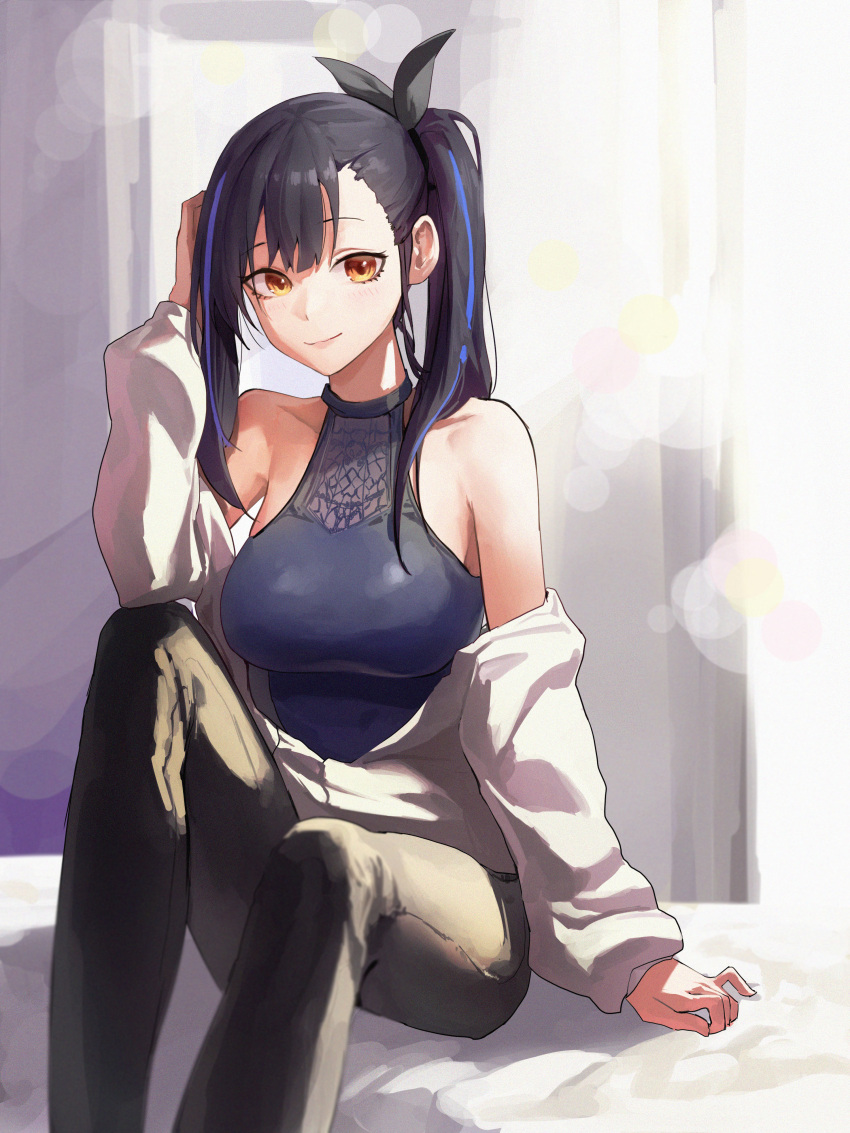 1girl absurdres bare_shoulders black_hair black_ribbon black_shirt blue_hair breasts brown_pants character_request closed_mouth collarbone commentary copyright_request english_commentary feet_out_of_frame hair_ribbon hand_up highres jacket large_breasts long_hair long_sleeves looking_at_viewer mac_star multicolored_hair off_shoulder pants ponytail ribbon shirt sitting sleeveless sleeveless_shirt smile solo streaked_hair white_jacket yellow_eyes