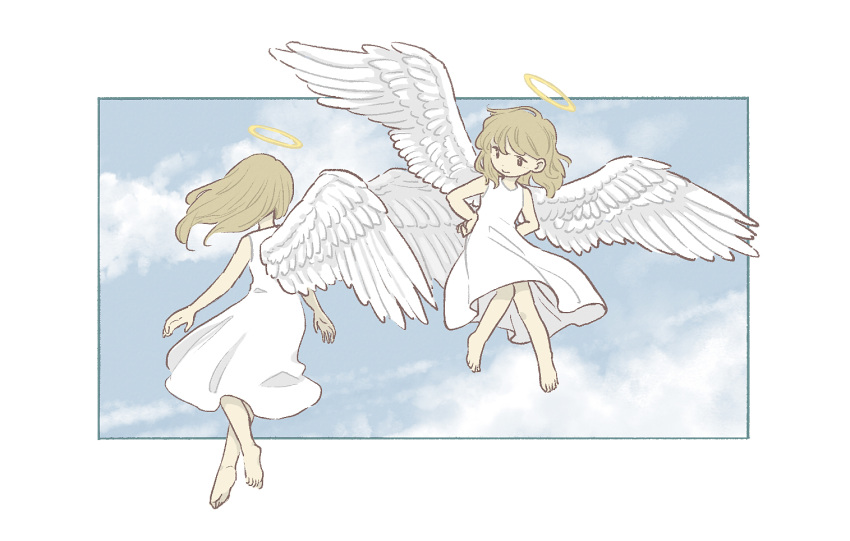 :&gt; angel angel_wings arms_at_sides bangs bare_arms bare_shoulders barefoot blonde_hair blue_sky border closed_mouth clouds cloudy_sky crossed_ankles dot_nose dress facing_away feathered_wings floating_hair flying from_behind full_body hair_behind_ear halo hands_on_hips knees_together_feet_apart leg_up light_brown_hair limited_palette long_hair looking_at_another looking_away medium_dress monaka_(siromona) muted_color original outdoors outside_border pleated_dress sky sleeveless sleeveless_dress smile white_border white_dress white_wings wings