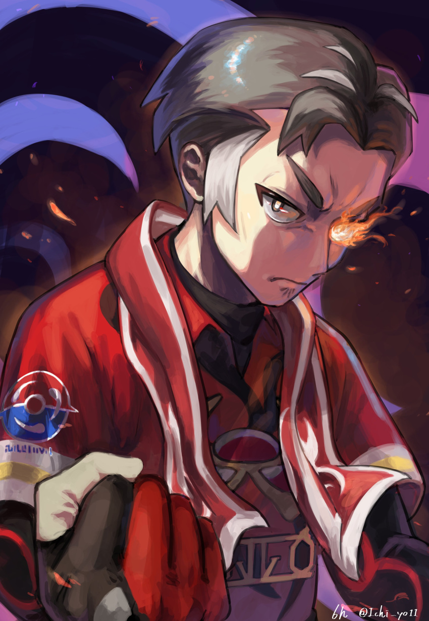 1boy absurdres black_eyes clenched_hand closed_mouth collared_shirt commentary_request flaming_eyes frown gloves grey_hair hand_up highres kabu_(pokemon) keytaro1125 looking_at_viewer male_focus multicolored_hair partially_fingerless_gloves pokemon pokemon_(game) pokemon_swsh red_shirt shirt short_hair short_sleeves solo towel towel_around_neck twitter_username two-tone_hair undershirt upper_body