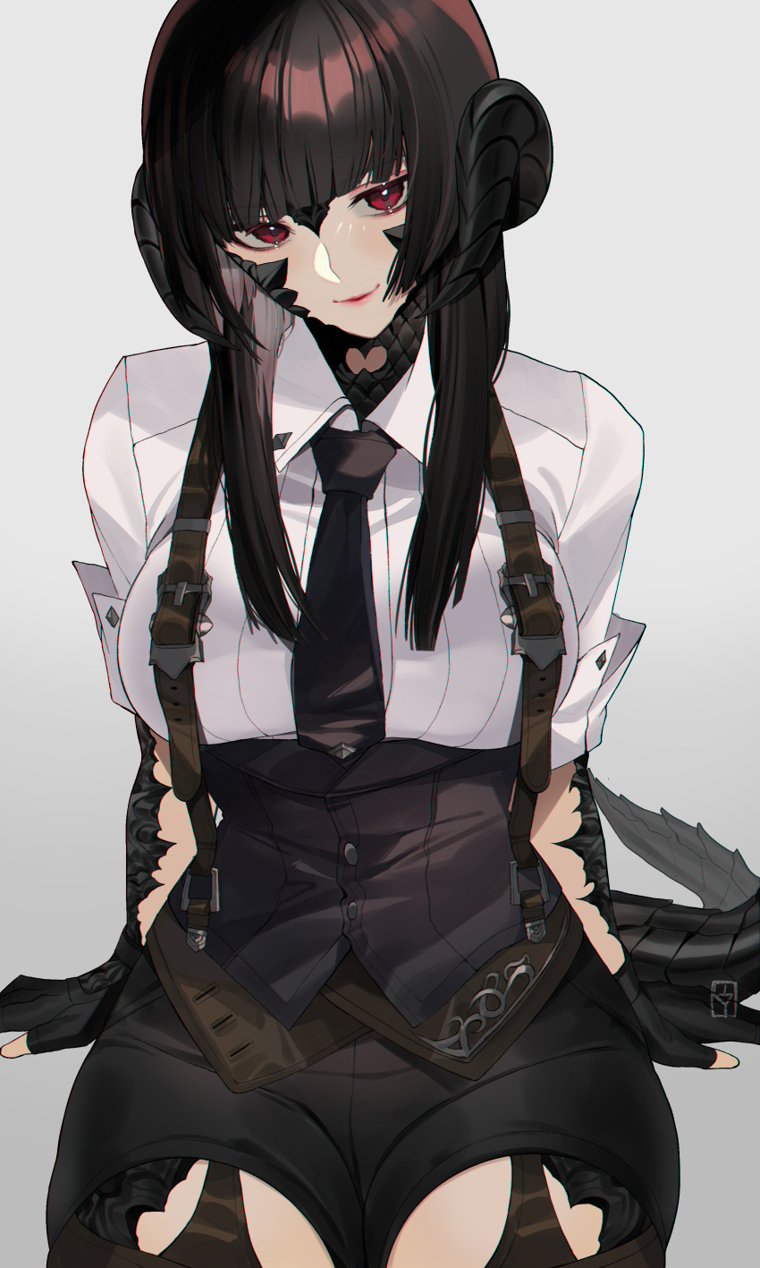 1girl absurdres au_ra avatar_(ffxiv) bangs black_gloves black_hair black_necktie black_shorts blunt_bangs blunt_ends buttons collared_shirt commentary cowboy_shot dragon_horns dragon_tail final_fantasy final_fantasy_xiv fingerless_gloves gloves grey_background highres hime_cut horns lilycious long_hair looking_at_viewer necktie red_eyes scales shirt shorts sidelocks simple_background sitting smile solo suspenders tail white_shirt