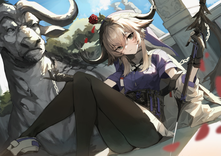 1girl absurdres animal_ears arknights bangs black_gloves black_legwear bull chain closed_mouth corset cow_ears cow_girl cow_horns day dutch_angle eyebrows_visible_through_hair feet_out_of_frame flail flower gloves green_eyes highres holding holding_weapon horns jacket knees_up long_sleeves looking_at_viewer miniskirt molyb off_shoulder open_clothes open_jacket outdoors pallas_(arknights) pantyhose petals pleated_skirt purple_shirt red_flower red_rose rose rose_petals shirt short_hair_with_long_locks sidelocks skirt solo statue veil weapon white_jacket white_skirt
