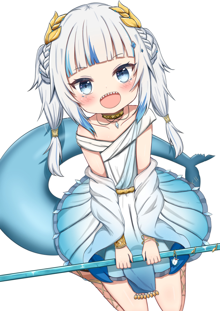 1girl :d absurdres bare_shoulders blue_dress blue_eyes blue_hair blush braid collarbone dress fish_tail gawr_gura gradient_dress highres holding hololive hololive_english jiu_(sdesd3205) long_hair looking_at_viewer multicolored_hair shark_tail sharp_teeth silver_hair simple_background sitting smile solo streaked_hair tail teeth twintails virtual_youtuber wariza white_background white_dress