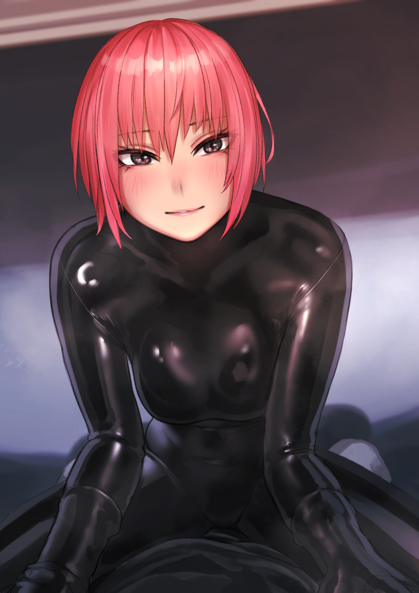 1girl black_bodysuit black_gloves blush bodysuit brown_eyes closed_mouth commentary_request gloves highres kilye_kairi latex latex_bodysuit lipstick looking_at_viewer makeup medium_hair original parted_lips pink_hair pink_lips pov smile solo_focus straddling