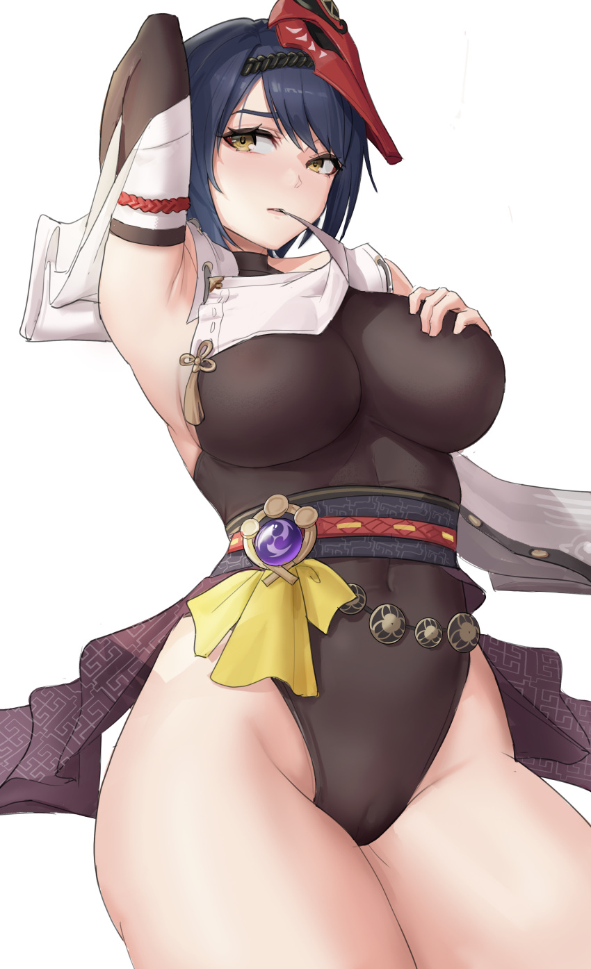 1girl absurdres armpits black_hair black_leotard bottle breasts card clothes_lift covered_navel detached_sleeves genshin_impact groin highres kujou_sara large_breasts leotard lifted_by_self lying mask mask_on_head obi on_back parted_lips playing_card sash shikube shirt_lift short_hair simple_background solo tassel teeth_hold tengu_mask thighs vision_(genshin_impact) white_background yellow_eyes