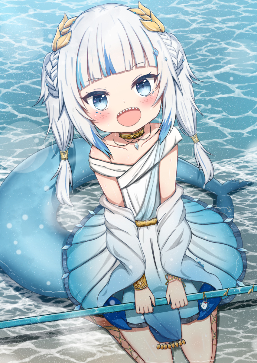 1girl :d absurdres bare_shoulders blue_dress blue_eyes blue_hair blush braid collarbone commentary dress fish_tail gawr_gura glint gradient_dress highres holding hololive hololive_english jiu_(sdesd3205) long_hair looking_at_viewer multicolored_hair shallow_water shark_tail sharp_teeth silver_hair sitting smile solo streaked_hair tail teeth twintails virtual_youtuber wariza water white_dress
