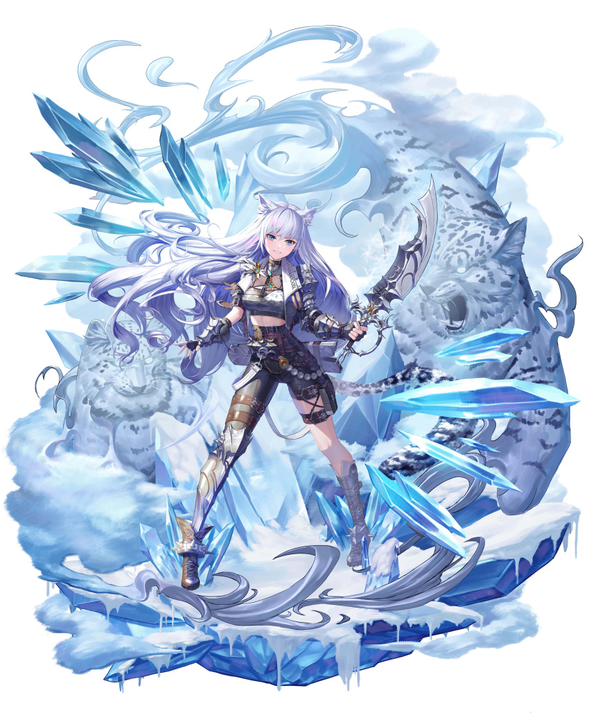 1girl absurdres animal animal_ear_fluff animal_ears arm_belt armor blue_eyes blue_hair boots collar fang full_body head_tilt highres holding holding_sword holding_weapon ice jewelry legs_apart long_hair looking_at_viewer necklace original parted_lips skin_fang smile snow_leopard soho_(user_dphk5745) standing sword very_long_hair weapon white_background