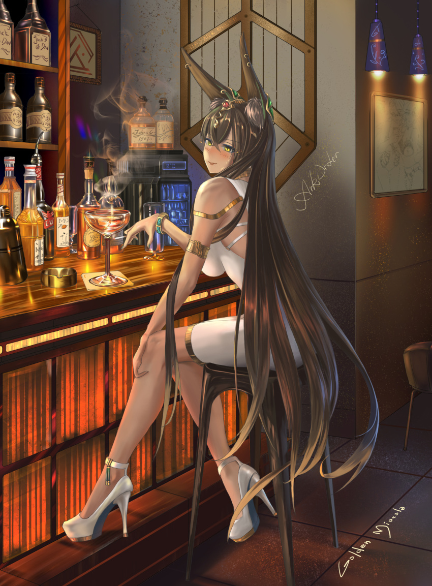 1girl alcohol animal_ear_fluff animal_ears ark_order armband ashtray bangs bar bar_stool bare_shoulders bracelet breasts brown_hair chinese_commentary cocktail_glass counter crossed_bangs cup dark-skinned_female dark_skin dress drinking_glass ear_piercing eyebrows_visible_through_hair full_body gem gold_choker golden_miocola hair_between_eyes hair_ornament high_heels highres jewelry knees_together_feet_apart liquor long_hair looking_back piercing pumps refrigerator shelf sideboob signature sitting slit_pupils solo stool strappy_heels very_long_hair white_dress yellow_eyes