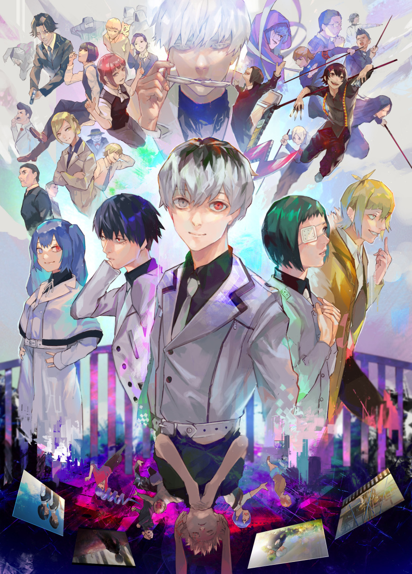 6+boys 6+girls :d abara_hanbee absurdres animal arima_kishou arms_up aura_kiyoko bandages bangs belt black_hair black_headwear black_jacket black_pants black_shirt black_vest blonde_hair blue_hair brown_coat character_request coat crossed_arms dog dual_persona eto_(tokyo_ghoul) everyone facial_hair formal furuta_nimura glasses green_hair grey_belt grey_eyes grey_hair grey_jacket grin gun hair_over_one_eye hair_slicked_back hands_on_hips heterochromia highres holding holding_gun holding_weapon hood hood_up houji_kousuke ihei_hairu itou_kuramoto jacket kaneki_ken kanou_akihiro kijima_shiki kirishima_touka kuroiwa_iwao kyuuba_melo long_sleeves looking_at_viewer looking_up mado_akira marude_itsuki mikage_miyuki multicolored_background multiple_boys multiple_girls mustache mutsuki_tooru nagachika_hideyoshi nakarai_keijin necktie no_pupils open_clothes open_coat open_mouth pants pointing red_eyes red_shirt sasaki_haise scar scythe shiny shiny_hair shirazu_ginshi shirt short_hair skirt smile suit suspenders suzuya_juuzou takizawa_seidou tamaki_mizurou tanakamaru_mougan teeth tokyo_ghoul tokyo_ghoul:re tsukiyama_shuu uniform upper_body upside-down urie_kuki vest washuu_matsuri washuu_yoshitoki weapon white_eyepatch yomo_renji yonebayashi_saiko