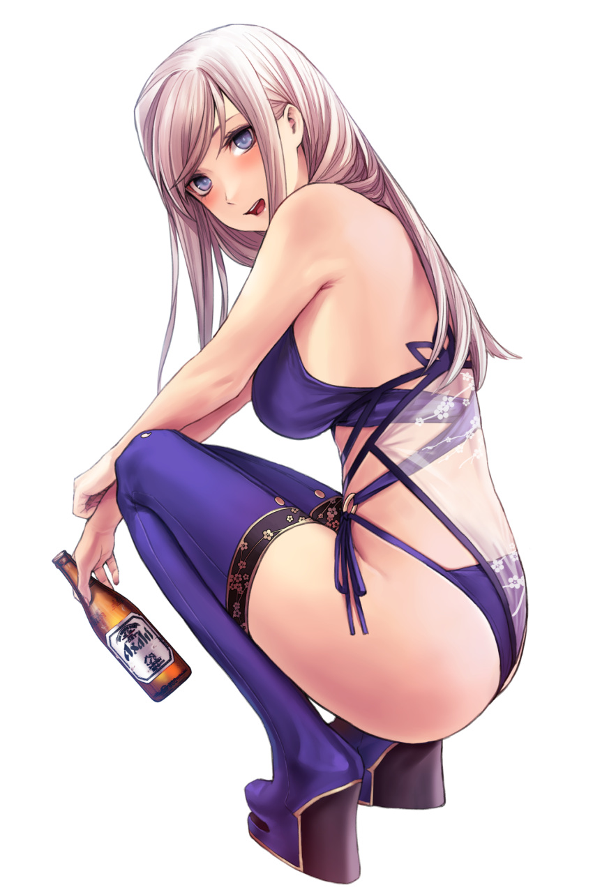 1girl applekun asahi_breweries ass bangs bare_arms bare_shoulders beer_bottle bikini blue_eyes blush boots bottle breasts commentary_request fate/grand_order fate_(series) fingernails floral_print full_body glass_bottle highres holding lips long_hair looking_at_viewer medium_breasts miyamoto_musashi_(fate) miyamoto_musashi_(swimsuit_berserker)_(fate) o-ring open_mouth pink_hair platform_footwear see-through simple_background squatting swimsuit thigh-highs thigh_boots thighs white_background