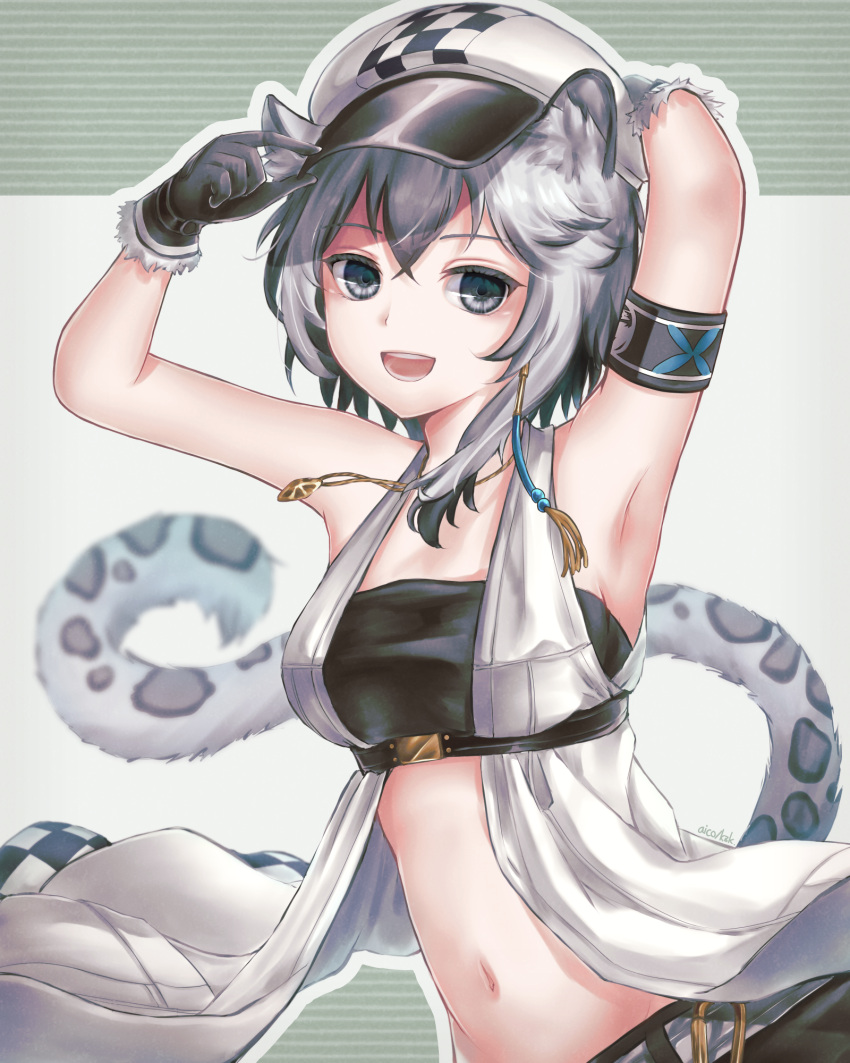 1girl :d adjusting_clothes adjusting_headwear animal_ears arknights armband armpits arms_up bandeau bangs bare_arms bare_shoulders black_gloves breasts bustier cabbie_hat checkered_clothes checkered_headwear cliffheart_(arknights) commentary_request gloves grey_background grey_eyes hat highres jacket jewelry kuzuki_(kzkuta) leopard_ears leopard_tail looking_at_viewer medium_breasts midriff navel necklace open_clothes open_jacket partial_commentary short_hair silver_hair sleeveless sleeveless_jacket smile solo stomach strapless tail tube_top upper_body white_headwear white_jacket
